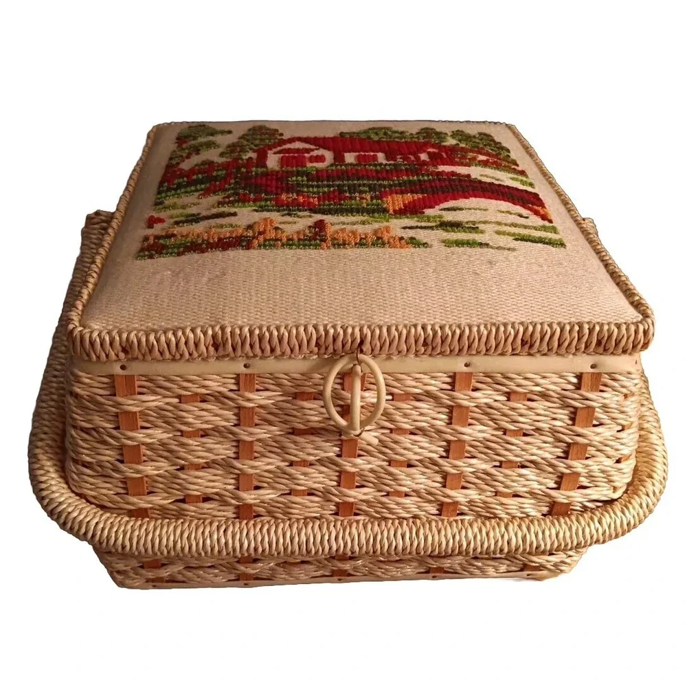 JCPenney Embroidered Farmhouse Wicker Sewing Notions Craft Basket w/Lid 10